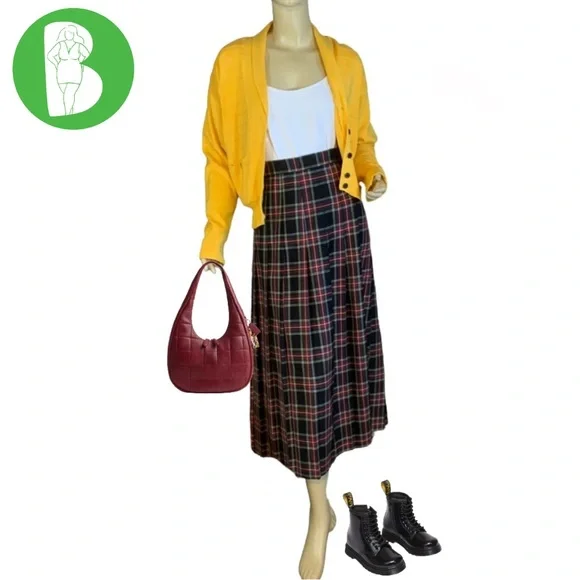 VINTAGE CIRCA 1980'S LGR BLACK, RED, YELLOW & GREEN PLAID WOOL SKIRT (16) - Picture 2 of 12